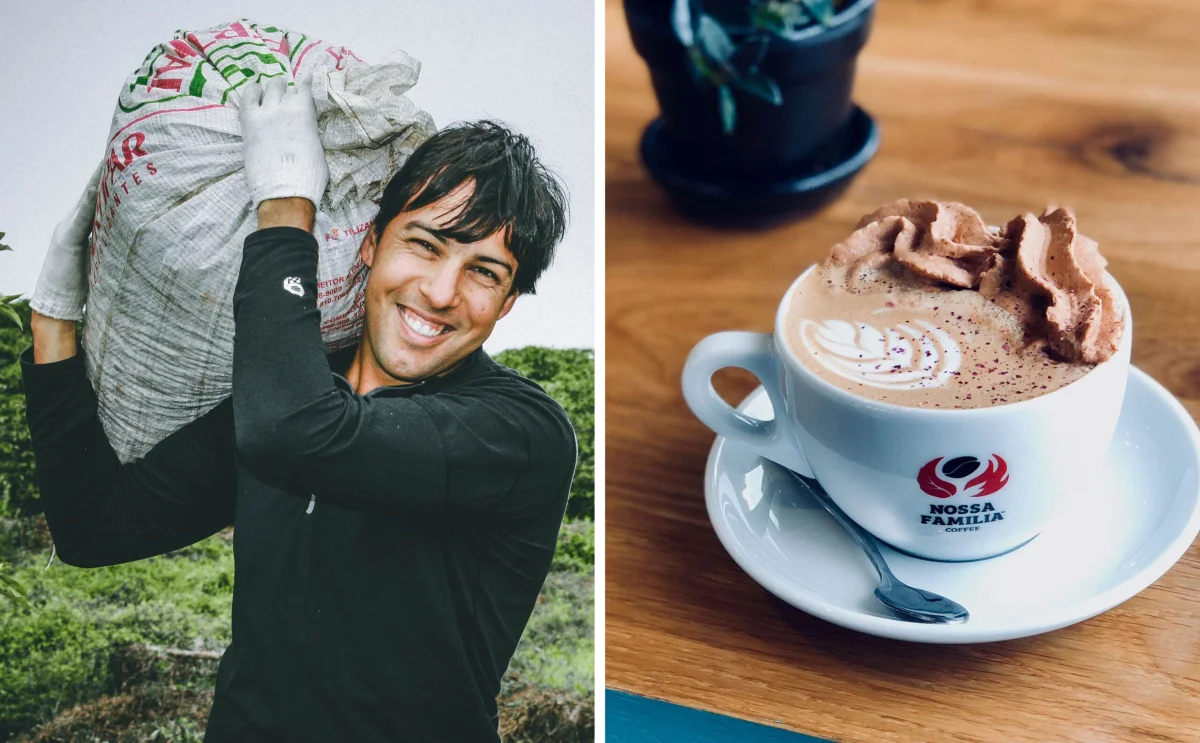 Augusto carrying Coffee and Nossa Familia Rose Cardamom Mocha.