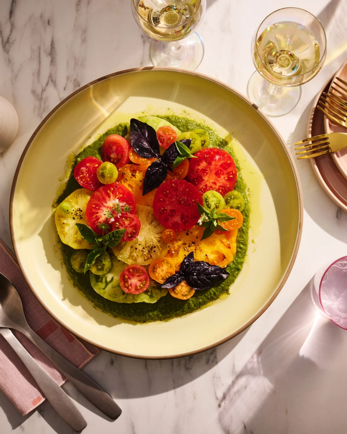 Tomato Salad With Basil-Pea Purée