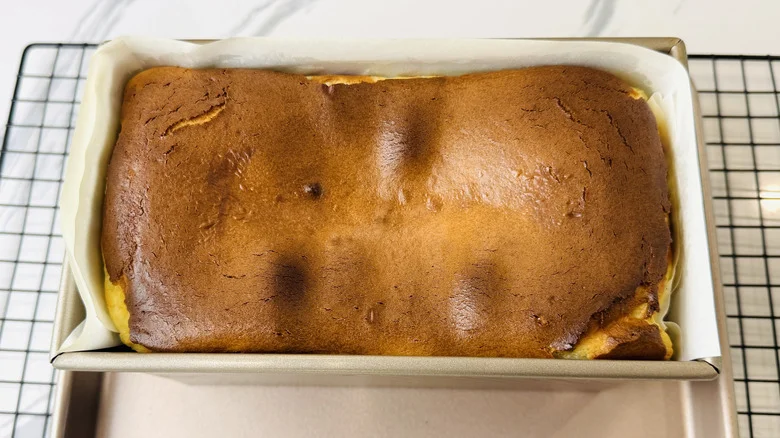 Baked Basque cheesecake loaf right out of the oven