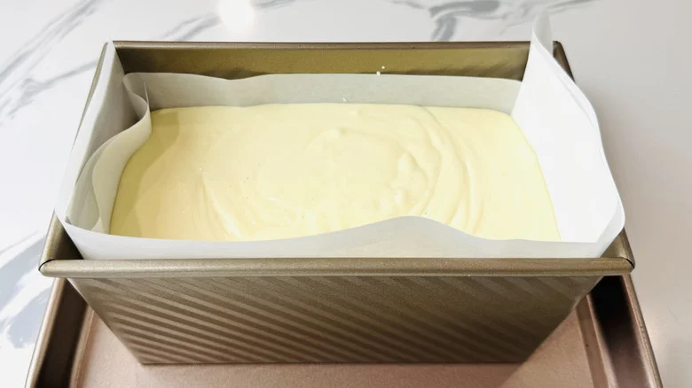 Cheesecake batter in loaf pan