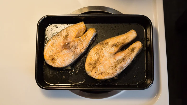 baked salmon steaks in pan