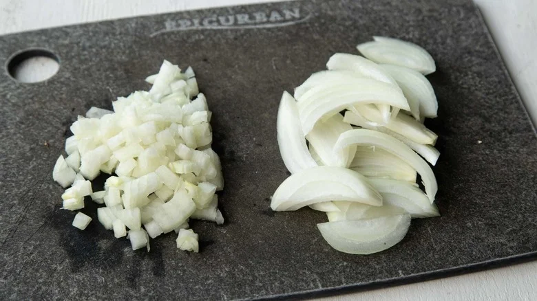 sliced and diced onions on cutting board