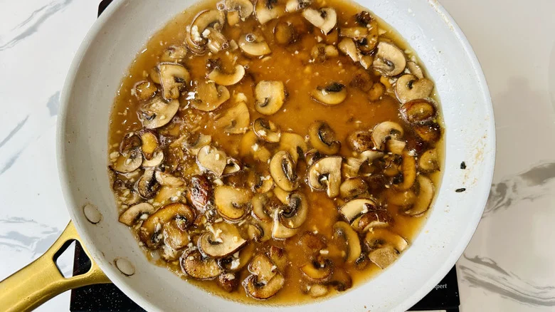 mushroom sauce in a frying pan