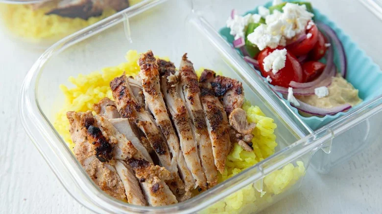 container with chicken shawarma meal prep