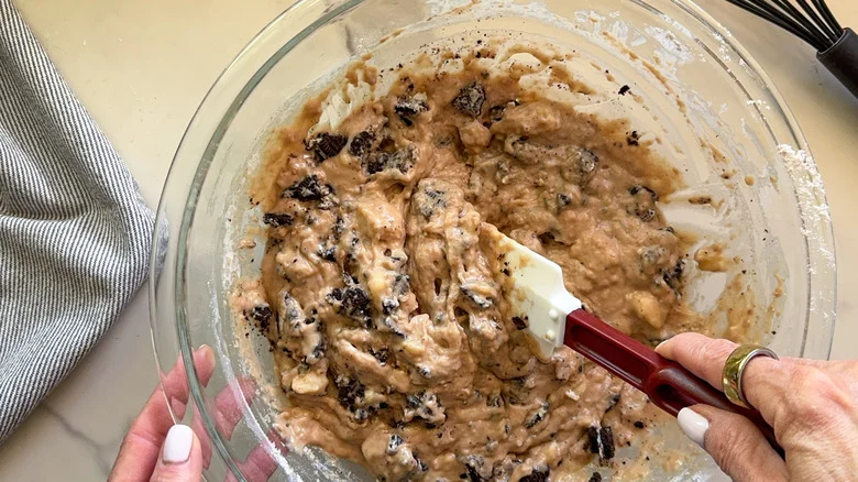 oreo banana bread batter in bowl