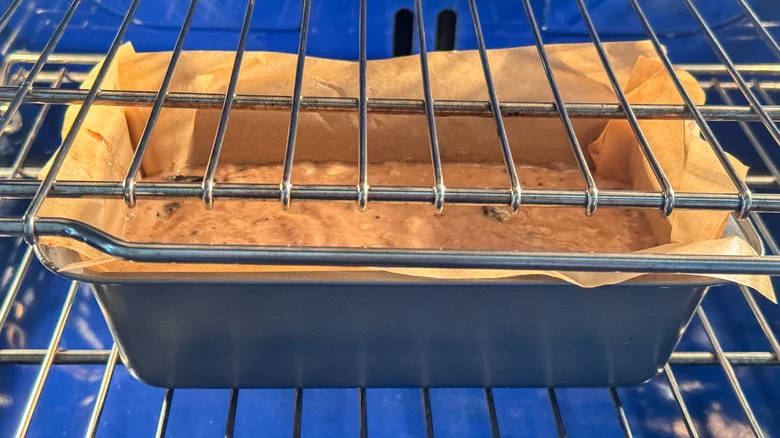 loaf pan in the oven