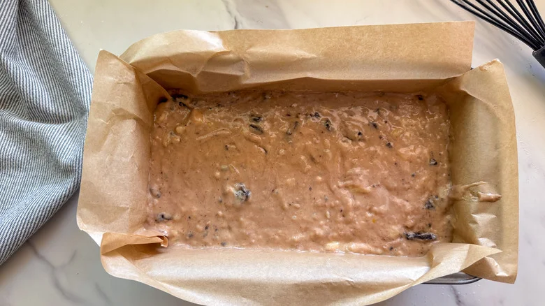 banana bread batter in loaf pan