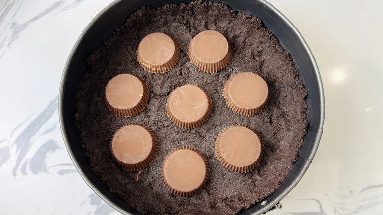 Peanut butter cups arranged across Oreo crust in pan