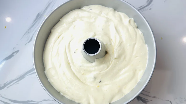 Chiffon cake batter in tube pan