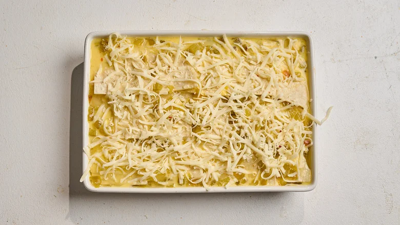 cheese sprinkled on top of casserole
