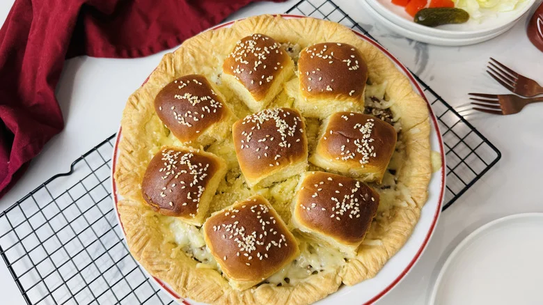 Cheeseburger pie with slider bun topping