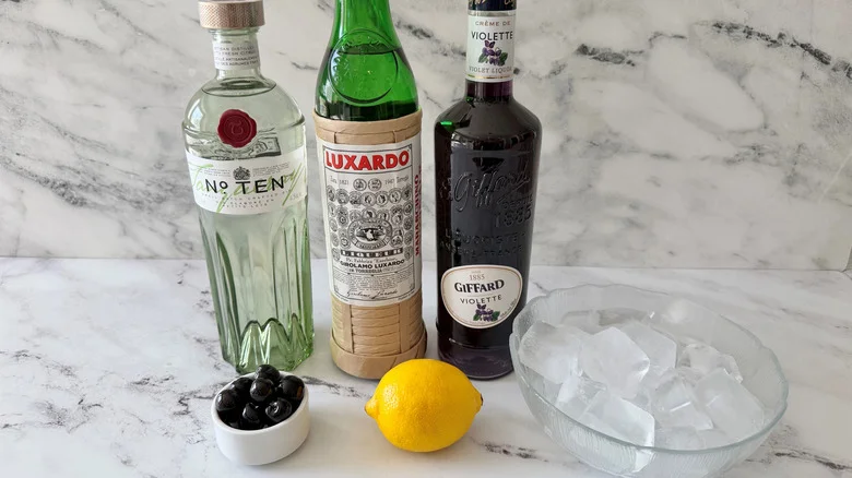 Ingredients for an aviation cocktail