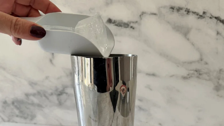 Hand scooping ice into cocktail shaker