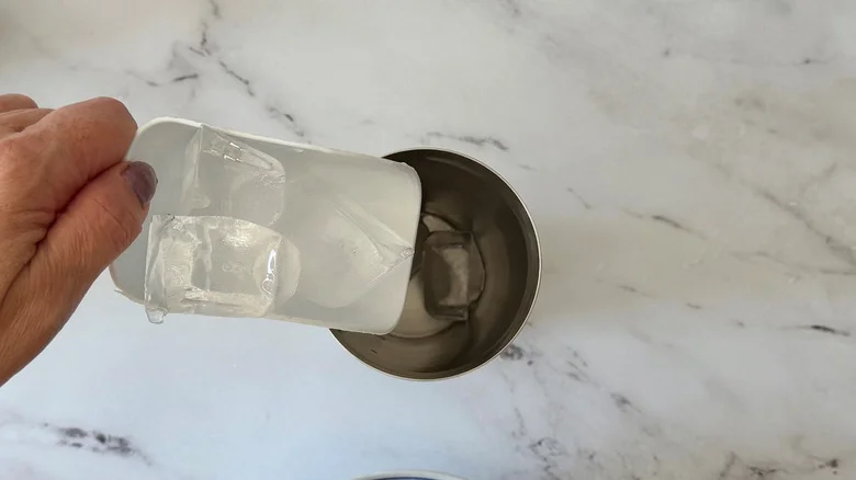 Hand scooping ice cubes into cocktail shaker