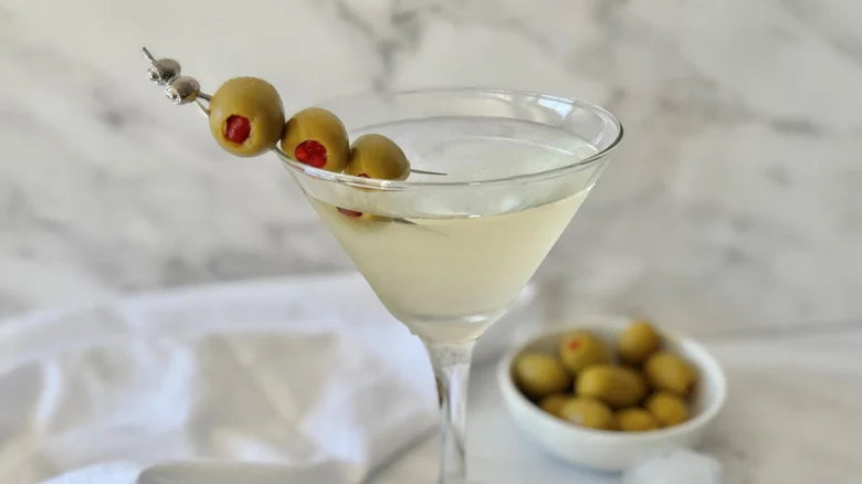 Martini with olive garnish
