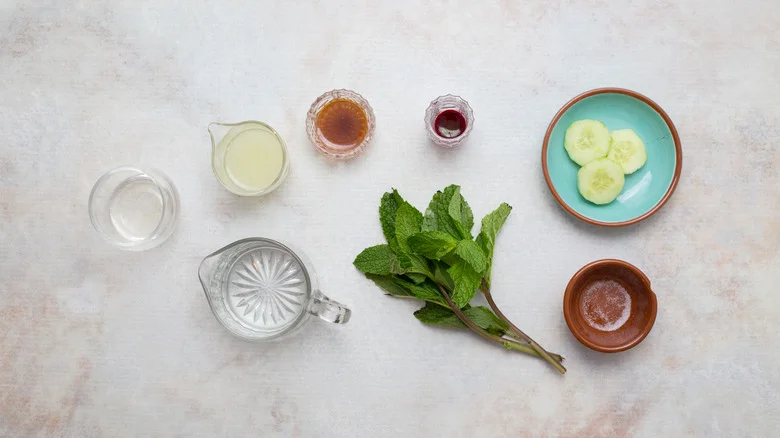 cocktail ingredients on marble table