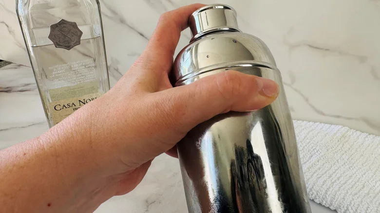 hand holding a cocktail shaker