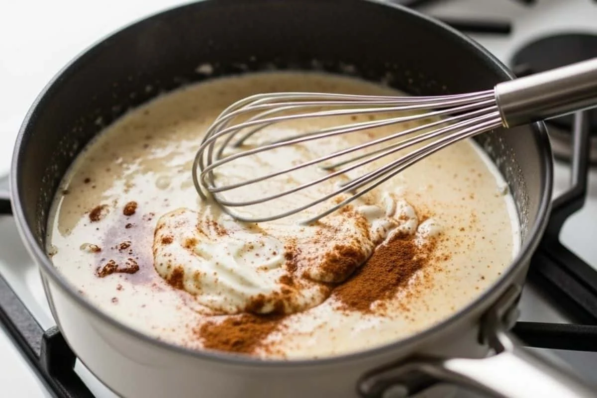 in a sauce pan, combine milk, cream, vanilla and nutmeg